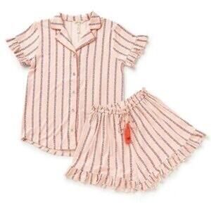 Matilda Jane Pajama Set Pink Striped Ruffle Short Sleeve Button size  S